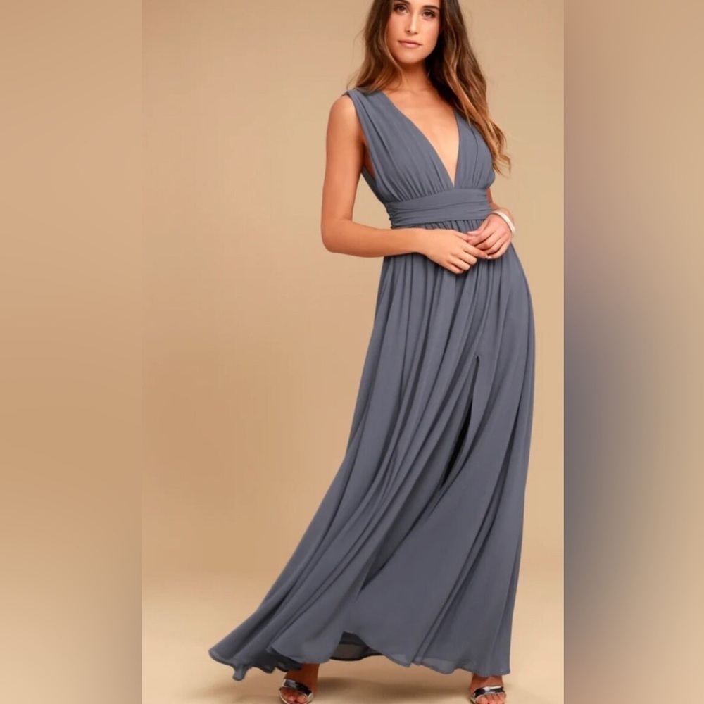 Lulus Maxi Dress Size XXS V-Neck Chiffon Gown Dusty Blue Gray Wedding Bridesmaid